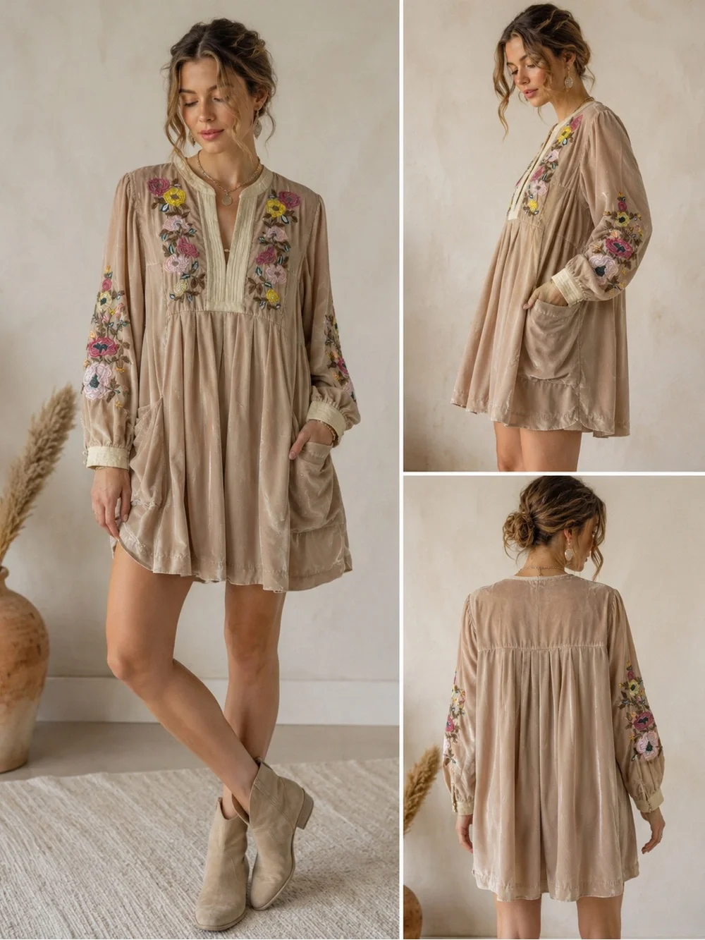 Free People Mia Embroidered Velvet Floral Boho Prairie Mini Dress Beige S Fairy